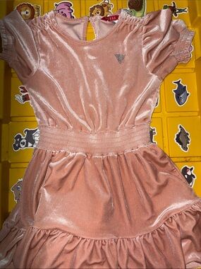 😇4/ $45 GUESS Pink Velvet Smocked Waist Party Dress